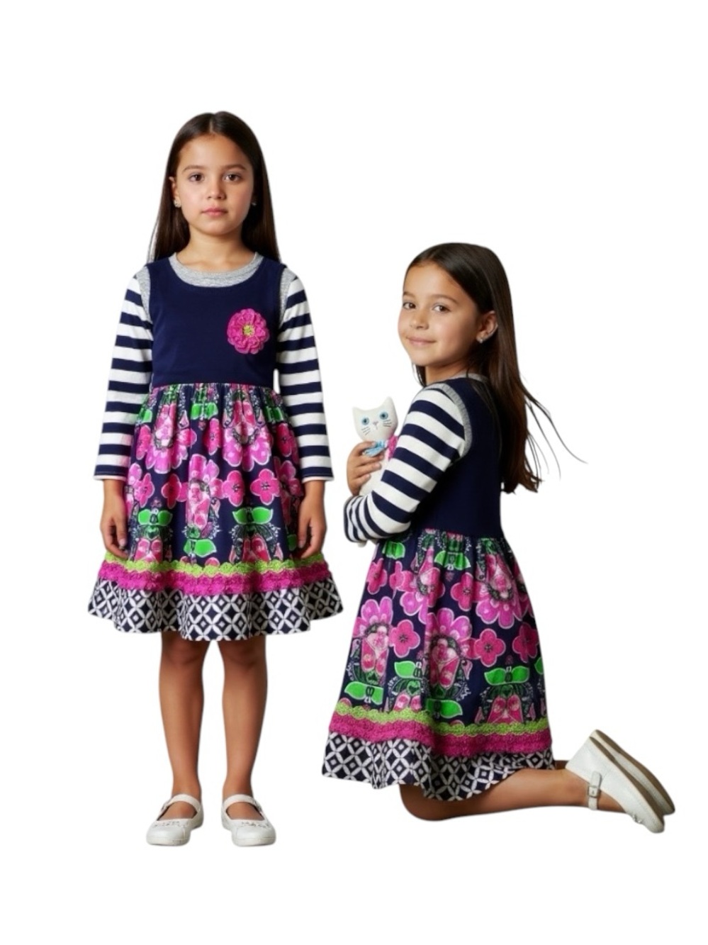 Navy & Pink Floral Stripe Girls' Casual Sweater Dress with Decorative Flower - Picture 1 of 14